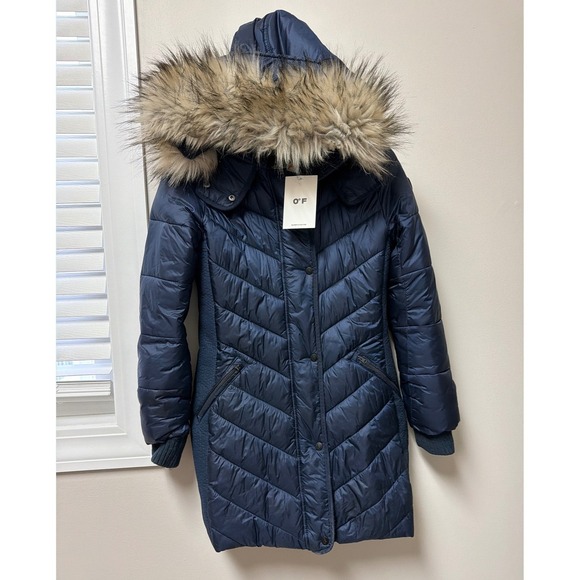 NWT Abercrombie Ultra Puffer Jacket Navy Faux Fur Hood Womens S Winter Coat